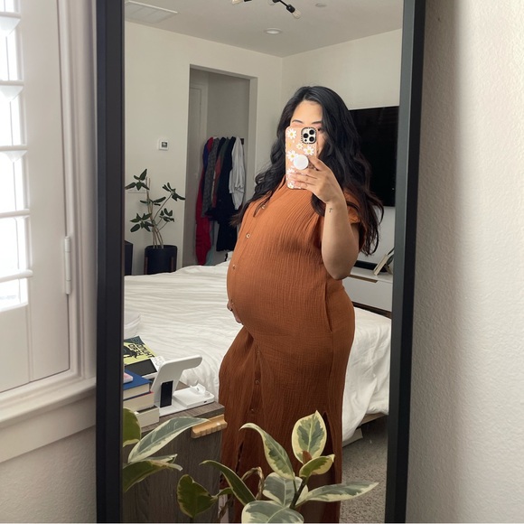 Camel Button Down Maternity Midi Dress - Picture 8 of 8